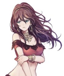 Rule 34 | 1girl, bracelet, brown hair, chee octr, crossed arms, dancer, dress, gloves, jewelry, long hair, looking at viewer, necklace, octopath traveler, octopath traveler i, ponytail, primrose azelhart, simple background, solo, white background