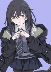 Rule 34 | 1girl, black hair, black jacket, black pantyhose, blue necktie, blue skirt, blush, breasts, brown footwear, closed mouth, collared shirt, commentary request, cowboy shot, diagonal-striped clothes, diagonal-striped necktie, green eyes, hair between eyes, haku geroda, hands up, jacket, light frown, long sleeves, looking at viewer, medium hair, messy hair, miniskirt, mole, mole on neck, necktie, nervous, nervous sweating, off shoulder, open clothes, open jacket, original, pantyhose, pleated skirt, purple background, purple sweater vest, purple vest, sanpaku, shirt, sidelocks, simple background, skirt, small breasts, solo, striped clothes, sweat, sweatdrop, sweater vest, thick eyelashes, vest, white shirt