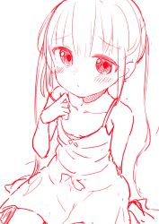 Rule 34 | 1girl, absurdres, bad id, bad twitter id, bare arms, bare shoulders, blush, closed mouth, collarbone, commentary request, dress, hand up, highres, long hair, looking at viewer, monochrome, okota mikan, original, red theme, simple background, sitting, sketch, sleeveless, sleeveless dress, solo, strap slip, very long hair, white background