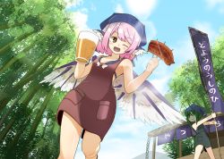 Rule 34 | 2girls, alcohol, animal ears, antennae, apron, bamboo, bamboo forest, be yu, beer, beer bottle, bikini, bird ears, bird wings, blue bikini, blush, brown apron, brown eyes, collarbone, cup, earrings, food, food stand, forest, green hair, head scarf, highres, holding, holding cup, holding food, jewelry, multiple girls, mystia lorelei, nature, okamisty, one eye closed, open mouth, pink hair, short hair, single earring, smile, swimsuit, touhou, white wings, wings, wriggle nightbug, yatai