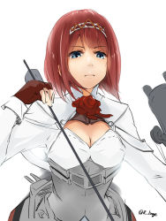 Rule 34 | 1girl, ark royal (kancolle), arrow (projectile), blue eyes, blunt bangs, bob cut, breasts, brown gloves, cleavage, cleavage cutout, clothing cutout, corset, fingerless gloves, gloves, hairband, kantai collection, lingerie (aki3240), medium breasts, red hair, short hair, simple background, solo, tiara, twitter username, upper body, white background, white corset