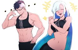 Rule 34 | ..., 1boy, 1girl, abs, black hair, black sports bra, blue hair, breasts, brynhildr (fate), closed eyes, couple, fate/grand order, fate (series), glasses, highres, kowai (iamkowai), long hair, medium breasts, medium support (meme), multicolored hair, muscular, muscular male, navel, open mouth, own hands together, sigurd (fate), simple background, smile, spiked hair, sports bra, sportswear, tears, very long hair, white hair