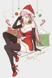 1girl absurdres bare_shoulders black_gloves black_thighhighs box breasts candy candy_cane choker cleavage dress earrings elbow_gloves fire_emblem fire_emblem:_three_houses fire_emblem_heroes food fur-trimmed_dress fur_trim gift gift_box gloves hat high_heels highres hilda_valentine_goneril jewelry large_breasts long_hair looking_at_viewer merry_christmas mistletoe nintendo pink_eyes pink_hair pom_pom_(clothes) red_footwear ribbon_choker santa_costume santa_dress santa_hat solo thighhighs twintails zedoraart zettai_ryouiki