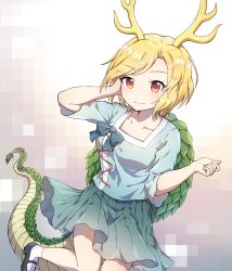 Rule 34 | 1girl, absurdres, antlers, black footwear, blonde hair, blue bow, blue shirt, blue skirt, bow, breasts, closed mouth, collarbone, commentary request, dragon girl, dragon horns, dragon tail, hand up, highres, horns, kaoling, kicchou yachie, parted bangs, pleated skirt, red eyes, shirt, shoes, short sleeves, skirt, small breasts, smile, socks, solo, tail, touhou, white socks