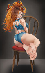Rule 34 | 1girl, absurdres, ass, barefoot, blue eyes, breasts, captain mizuki, chair, clothing aside, feet, highres, large breasts, light blush, long hair, looking at viewer, one-punch man, open mouth, orange hair, panties, panties aside, pussy, soles, sports bra, sportswear, toes, tsa, underwear