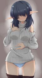 Rule 34 | 1girl, bare shoulders, black hair, black pantyhose, blue panties, blush, breasts, clothes pull, cowboy shot, elf, full-face blush, gluteal fold, hair over eyes, hand on own chest, highres, kuroinu momotarou, no nose, original, panties, pantyhose, pantyhose pull, pointy ears, ribbed sweater, solo, sweat, sweater, underwear