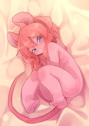 Rule 34 | 1girl, animal ears, barefoot, blue eyes, convenient leg, feet, fetal position, furry, furry female, highres, knees up, legs, lying, mouse ears, mouse girl (yuuki (yuyuki000)), mouse tail, nude, on side, original, pink hair, short hair, soles, solo, tail, thighs, toes, yuuki (yuyuki000)
