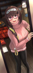 Rule 34 | 1girl, :d, alternate costume, aran sweater, beppu mitsunaka, blonde hair, blush, book, bookshelf, braid, brown hair, cable knit, casual, commentary request, fate/grand order, fate (series), glasses, hair over shoulder, hairband, long hair, looking at viewer, multicolored hair, open mouth, osakabehime (fate), pantyhose, pillow, pink sweater, red-framed eyewear, semi-rimless eyewear, side braid, smile, solo, sweater, table, turtleneck, turtleneck sweater, two-tone hair, under-rim eyewear