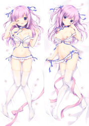 Rule 34 | 1girl, ;d, bed sheet, blue bow, blue choker, blush, bow, bra, breasts, choker, collarbone, commentary request, dakimakura (medium), flower, frilled bra, frilled panties, frills, groin, hair bow, hand up, hands up, head tilt, highres, large breasts, long hair, looking at viewer, lying, miyasaka naco, multiple views, navel, nipples, no shoes, on back, one eye closed, open mouth, original, panties, parted lips, purple eyes, purple hair, side-tie panties, smile, thighhighs, two side up, underwear, white bra, white flower, white panties, white thighhighs
