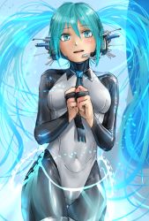 Rule 34 | 1girl, android, aqua hair, bodysuit, breasts, hatsune miku, highres, kilye kairi, latex, latex bodysuit, long hair, looking at viewer, necktie, open mouth, skin tight, solo, twintails, very long hair, vocaloid