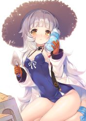 Rule 34 | 1girl, azur lane, blue one-piece swimsuit, blush, bottle, bottle to cheek, breasts, commentary request, cross, gloves, hat, highres, iron cross, long hair, looking at viewer, mayusaki yuu, mole, mole under eye, one-piece swimsuit, sand castle, sand sculpture, shovel, simple background, sitting, small breasts, solo, straw hat, swimsuit, very long hair, water bottle, white background, white hair, yellow eyes, z46 (azur lane), z46 (her first summer) (azur lane)