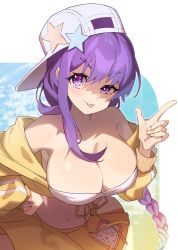 Rule 34 | 1girl, :p, bare shoulders, baseball cap, bb (fate), bb (fate) (all), bb (swimsuit mooncancer) (fate), bb (swimsuit mooncancer) (first ascension) (fate), bikini, bikini top only, blush, braid, breasts, closed eyes, closed mouth, collarbone, fate/grand order, fate (series), hand on own hip, hat, hat ornament, highres, index finger raised, jacket, large breasts, leaning forward, long hair, long sleeves, looking at viewer, miniskirt, navel, off shoulder, open clothes, open jacket, purple eyes, purple hair, sideways hat, single braid, sirama, skirt, smug, solo, star (symbol), swimsuit, tongue, tongue out, track jacket, v-shaped eyebrows, very long hair, white bikini, yellow jacket, yellow skirt