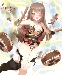 Rule 34 | 1girl, ;d, absurdres, bare shoulders, black pants, blush, breasts, brown eyes, brown hair, budget sarashi, cleavage, collarbone, drum, electricity, english text, feet out of frame, flying sweatdrops, fundoshi, groin, hair between eyes, hands up, highres, hip vent, holding, horns, instrument, japanese clothes, knees together feet apart, medium breasts, mitsudomoe (shape), non (wednesday-classic), one eye closed, oni, oni horns, open clothes, open mouth, original, pants, sarashi, smile, solo, sweat, taiko drum, taiko sticks, tomoe (symbol), torn clothes, torn pants