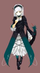 Rule 34 | 00s, 1girl, ankle boots, blunt bangs, boots, brown background, brown eyes, dress, frills, full body, green dress, hairband, hand on own chest, lolita hairband, long sleeves, looking at viewer, rozen maiden, short hair, silver hair, simple background, solo, standing, suigintou