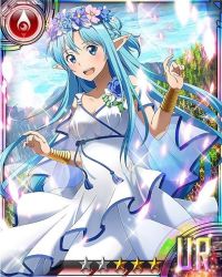 Rule 34 | 10s, 1girl, asuna (sao), asuna (sao-alo), blue eyes, blue hair, bracelet, breasts, card (medium), cleavage, collarbone, day, dress, head wreath, jewelry, long hair, looking at viewer, matching hair/eyes, medium breasts, open mouth, outdoors, pointy ears, solo, star (symbol), sword art online, white dress