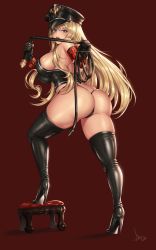 Rule 34 | 1girl, ass, back, bare back, bare shoulders, black thighhighs, blonde hair, blue eyes, blush, boots, breasts, dungeon and fighter, elbow gloves, eyebrows hidden by hair, female gunner (dungeon and fighter), gloves, hat, high heel boots, high heels, highres, holding, holding weapon, large breasts, leather, leather boots, leather gloves, long hair, looking at viewer, looking back, mad kimo, maria tr, military hat, open mouth, peaked cap, solo, thigh boots, thighhighs, underwear, weapon, whip
