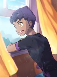 Rule 34 | 1boy, black hair, black shirt, blurry, cloud, commentary request, creatures (company), curtains, dark-skinned male, dark skin, day, game freak, highres, hop (pokemon), leaning forward, looking to the side, male focus, nintendo, open mouth, pokemon, pokemon: twilight wings, pokemon swsh, shirt, short hair, sky, smile, solo, teeth, tongue, window, yellow eyes, yukke (fh)
