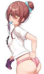 1girl, absurdres, adjusting clothes, adjusting panties, ass, bangs, blouse, blue bow, blush, bow, breasts, brown hair, commentary request, controller, eyebrows visible through hair, food, hair bow, hair bun, highres, idolmaster, idolmaster shiny colors, joystick, looking at viewer, medium breasts, no pants, osaki tenka, panties, pink panties, popsicle, popsicle in mouth, print shirt, shirt, short sleeves, sidelocks, simple background, solo, sweat, t-shirt, underwear, wanimaru, white background, white shirt, yellow eyes