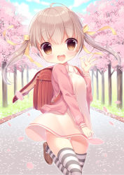 Rule 34 | 1girl, :d, backpack, bag, blue sky, blush, child, cloud, day, dress, eyebrows, female focus, grass, green eyes, green ribbon, hair ribbon, happy, hisagi (puchimaple), jacket, long sleeves, looking at viewer, open mouth, original, outdoors, petals, plant, randoseru, ribbon, shoes, sky, smile, solo, standing, standing on one leg, striped clothes, striped thighhighs, thighhighs, tree, twintails, zettai ryouiki