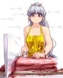 Rule 34 | 1girl, alternate costume, apron, bare arms, bare shoulders, blood, blood in hair, blood on clothes, blush, breasts, cannibalism, closed mouth, clothes writing, collarbone, cutting, earrings, english text, engrish text, food, foreshortening, frown, hair ribbon, hashitsuki nata, hatchet, hater (hatater), heart, highres, jewelry, knife, long hair, meat, medium breasts, naked apron, nata (tool), orange ribbon, ponytail, ranguage, red eyes, reflection, ribbon, sakata nemuno, sideboob, silver hair, simple background, solo, stud earrings, tareme, teardrop, tearing up, text focus, thick eyebrows, touhou, upper body, very long hair, white background, yellow apron