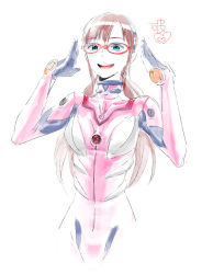 Rule 34 | &gt; &lt;, 00s, 1girl, :d, ammi, aqua eyes, arms up, blush, bodysuit, brown hair, closed eyes, evangelion: 2.0 you can (not) advance, glasses, hairband, kawasemi, long hair, makinami mari illustrious, neon genesis evangelion, open mouth, plugsuit, rebuild of evangelion, simple background, smile, solo, twintails, xd