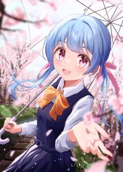 Rule 34 | 1girl, :d, absurdres, belt, black belt, black dress, blue hair, blurry, bow, bowtie, bush, cherry blossoms, dress, falling petals, floating hair, grass, hair ribbon, hand up, highres, holding, holding umbrella, light blush, long hair, long sleeves, looking at viewer, low twintails, mattsi hbkk, open mouth, original, outdoors, outstretched arm, petals, pink eyes, pink ribbon, pleated skirt, ribbon, sidelocks, skirt, smile, spring (season), stairs, transparent, transparent umbrella, twintails, umbrella, uniform, yellow bow, yellow bowtie