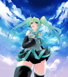Rule 34 | 1girl, ainili, bad id, bad pixiv id, cloud, detached sleeves, green eyes, green hair, hatsune miku, headset, long hair, matching hair/eyes, necktie, skirt, sky, solo, thighhighs, twintails, vocaloid