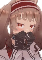 Rule 34 | 1girl, absurdres, angelina (arknights), animal ears, arknights, black gloves, blush, brown hair, coat, collar, covering own mouth, fox ears, gloves, highres, infection monitor (arknights), long hair, long sleeves, looking at viewer, open clothes, open coat, red eyes, simple background, solo, twintails, upper body, white background, white coat, yokuto