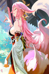 1girl animal_ears blue_eyes breasts commentary detached_sleeves earrings falling_petals fox_ears fox_girl fox_shadow_puppet fox_tail from_side genshin_impact hair_between_eyes hand_up highres jewelry kisherart large_breasts long_hair long_sleeves looking_at_viewer multiple_tails nontraditional_miko parted_lips petals pink_hair pink_lips pink_petals shirt solo tail very_long_hair white_shirt white_sleeves wide_sleeves yae_miko