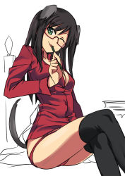 Rule 34 | 1girl, ;p, animal ears, bespectacled, black hair, black thighhighs, breasts, cleavage, dog ears, dress shirt, federica n. doglio, glasses, green eyes, long hair, medium breasts, ningen (ningen96), ningen (ningen (96), one eye closed, open clothes, open shirt, panties, pencil, red panties, shirt, simple background, sitting, smile, solo, strike witches, strike witches: kurenai no majo-tachi, tail, thighhighs, tongue, tongue out, underwear, wink, world witches series