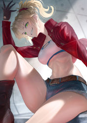 Rule 34 | 1girl, bandeau, belt, blonde hair, blue shorts, blush, braid, breasts, cutoffs, denim, denim shorts, fate/apocrypha, fate (series), french braid, gloves, green eyes, grin, hair ornament, hair scrunchie, hand up, highres, imizu (nitro unknown), jacket, long hair, long sleeves, looking at viewer, medium breasts, mordred (fate), mordred (fate/apocrypha), mordred (memories at trifas) (fate), navel, open clothes, open jacket, parted bangs, ponytail, red jacket, red scrunchie, scrunchie, short shorts, shorts, sidelocks, sitting, smile, solo, thighs