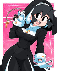 Rule 34 | 1girl, black hair, cowboy shot, earrings, gloves, halftone, halftone background, hand up, highres, holding, holding jewelry, holding necklace, jewelry, unworn jewelry, lucia (scott malin), necklace, unworn necklace, nun, open mouth, original, outline, pink background, scott malin, smile, solo, traditional nun, white gloves, white outline