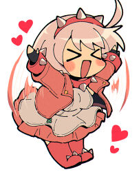 Rule 34 | &gt; &lt;, 1girl, ahoge, black gloves, blush, blush stickers, bracelet, breasts, chibi, clover, collar, dress, elphelt valentine, fingerless gloves, four-leaf clover, frilled dress, frills, gloves, green eyes, guilty gear, guilty gear strive, hairband, highres, huge ahoge, itsuka neru, jacket, jewelry, large breasts, long sleeves, looking at viewer, open mouth, pink dress, pink footwear, pink hairband, pink jacket, short hair, smile, spiked bracelet, spiked collar, spiked hairband, spikes, two-tone dress, white dress, white hair