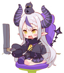 Rule 34 | 1girl, animal, animal on head, barefoot, bird, black dress, blush stickers, braid, chair, chibi, crow, crow (la+ darknesss), demon horns, dress, full body, gaming chair, grey hair, highres, hololive, holox, horns, la+ darknesss, la+ darknesss (1st costume), long sleeves, meito (maze), monitor, mouse (computer), multicolored hair, office chair, on chair, on head, open mouth, pointy ears, purple hair, purple thighhighs, seiza, simple background, single thighhigh, sitting, sleeves past fingers, sleeves past wrists, solo, streaked hair, striped horns, sweat, swivel chair, thighhighs, v-shaped eyebrows, virtual youtuber, wavy mouth, white background, x-ray, yellow eyes