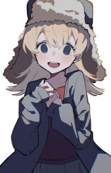 Rule 34 | 1girl, absurdres, black jacket, blonde hair, blue eyes, blush, character request, full burrrrrrst, fur hat, ghostpia, hair between eyes, hat, highres, jacket, long hair, long sleeves, looking at viewer, open mouth, red shirt, shirt, simple background, skirt, solo, white background
