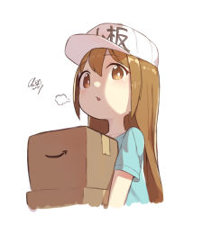 Rule 34 | 10s, 1girl, aqua shirt, baseball cap, box, bright pupils, brown eyes, cardboard box, carrying, chestnut mouth, cloba, clothes writing, commentary request, cropped torso, hair between eyes, hat, hataraku saibou, highres, holding, holding box, light brown hair, long hair, looking at viewer, platelet (hataraku saibou), puff of air, shirt, short sleeves, signature, simple background, solo, upper body, white background, white hat, white pupils
