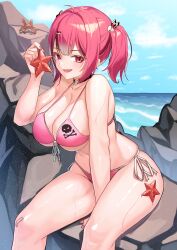 Rule 34 | 1girl, :d, absurdres, ahoge, arm support, bandage on knee, bikini, blush, breasts, brown hair, cleavage, crab, day, front-tie bikini top, front-tie top, goddess of victory: nikke, hair intakes, hair ornament, highres, iznal, large breasts, mast (a pirate&#039;s heart) (nikke), mast (nikke), multicolored hair, nail polish, ocean, open mouth, outdoors, pink bikini, pink eyes, pink hair, pink nails, short twintails, side-tie bikini bottom, sitting, skindentation, skull choker, skull hair ornament, skull print, sky, smile, solo, starfish, streaked hair, swimsuit, twintails, water, wet