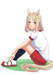 Rule 34 | 1girl, absurdres, animal ears, black socks, blonde hair, blush, breasts, closed mouth, commentary request, ear covers, ear ornament, from side, highres, horse ears, horse girl, horse tail, knees up, looking at viewer, medium breasts, narita top road (umamusume), on grass, on ground, puffy short sleeves, puffy sleeves, red shorts, senchan 7, shirt, shoes, short sleeves, shorts, simple background, single ear cover, sitting, smile, sneakers, socks, solo, tail, umamusume, white background, white footwear, white shirt, yellow eyes