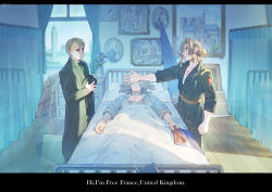 Rule 34 | 3boys, artist name, axis powers hetalia, bandaged chest, bed, blonde hair, coat, commentary, cross, cross necklace, drawing (object), english commentary, english text, facial hair, flower, france (hetalia), green eyes, hat, hat on chest, highres, jewelry, jowell she, letterboxed, looking at another, low ponytail, male focus, military, military uniform, multiple boys, necklace, outstretched hand, picture frame, pillow, purple eyes, purple flower, short hair, smile, stubble, trench coat, uniform, united kingdom (hetalia), vase, window, wooden floor