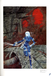 Rule 34 | 1girl, :o, blame!, blame and so on, blue bodysuit, bodysuit, cibo, full body, highres, industrial pipe, looking to the side, megastructure, nihei tsutomu, open mouth, ruins, running, short hair, silver hair, skin tight, solo, yellow eyes