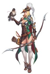 Rule 34 | 1girl, armor, belt, bird, bird on hand, black choker, black hat, black nails, blonde hair, bow (weapon), breasts, brown gloves, cape, choker, cleavage, doha skylightscent, elbow gloves, falconry, full body, gloves, hat, holding, holding bow (weapon), holding weapon, looking at viewer, nail polish, original, quiver, sheath, sheathed, simple background, solo, standing, sword, thighhighs, toenails, weapon, white background, white thighhighs