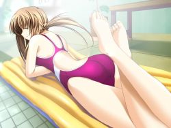 Rule 34 | 1girl, ass, brown hair, competition swimsuit, feet, game cg, inflatable raft, jpeg artifacts, long hair, non-web source, one-piece swimsuit, ponytail, solo, sukumizu ~fecchi ni narumon!~, swimsuit