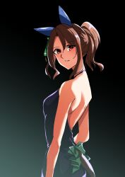 Rule 34 | 1girl, absurdres, alternate costume, animal ears, back, backless outfit, bare arms, bare shoulders, black background, blush, breasts, brown eyes, brown hair, dress, ear covers, hair between eyes, highres, horse ears, horse girl, horse tail, kakuteru sudachi, king halo (umamusume), long hair, looking at viewer, looking back, medium breasts, ponytail, red eyes, simple background, smile, solo, tail, umamusume, upper body