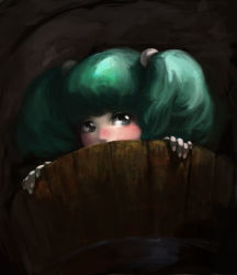 Rule 34 | 1girl, binayu, black background, bucket, dark, female focus, green hair, in bucket, in container, kisume, solo, subterranean animism, touhou