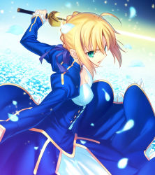 Rule 34 | 1girl, ahoge, artoria pendragon (fate), blonde hair, breasts, cleavage, cropped, excalibur (fate/stay night), fate/stay night, fate/zero, fate (series), glowing, glowing sword, glowing weapon, green eyes, petals, saber (fate), solo, sword, takeuchi takashi, weapon