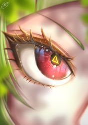 Rule 34 | 1girl, absurdres, close-up, dappled sunlight, delutaya, eye focus, eyelashes, green hair, highres, indie virtual youtuber, looking at viewer, red eyes, signature, solo, sunlight, symbol-shaped pupils, triangle, triangle-shaped pupils, user gdfe7344, virtual youtuber