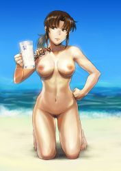 Rule 34 | 1girl, azasuke, beach, beer mug, bikini, black lagoon, blue sky, blush, breasts, breasts apart, brown eyes, brown hair, clenched hand, cum, cum in container, cup, day, embarrassed, facing viewer, female pubic hair, full body, gokkun, hand on own hip, highres, holding, holding cup, kneeling, long hair, looking to the side, medium breasts, mug, nail polish, navel, nipples, nude, ocean, outdoors, ponytail, pubic hair, red nails, revy (black lagoon), shiny skin, shoulder tattoo, skindentation, sky, solo, sweat, swimsuit, tattoo, toenail polish, toenails