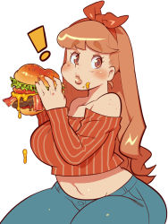 Rule 34 | !, 1girl, bacon, blue pants, blush, bow, breasts, brown eyes, brown hair, burger, cheese, cowboy shot, crop top, eating, food, food on face, hair bow, hairband, highres, holding, holding food, large breasts, lettuce, long hair, long sleeves, meat, midriff, nail polish, navel, off-shoulder shirt, off shoulder, original, pants, plump, red bow, red hairband, red nails, red shirt, sanjiro (tenshin anman), shirt, simple background, solo, striped clothes, striped shirt, thick thighs, thighs, tomato, white background