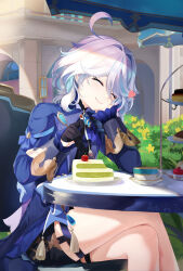 Rule 34 | 1girl, ^ ^, absurdres, ahoge, black gloves, blue hair, blue jacket, cake, cherry, closed eyes, crossed legs, dser5358, feet out of frame, food, fork, fruit, furina (genshin impact), genshin impact, gloves, hair intakes, head tilt, heart, highres, holding, holding fork, jacket, long sleeves, multicolored hair, no headwear, sitting, solo, streaked hair, thighs, tiered tray, white hair