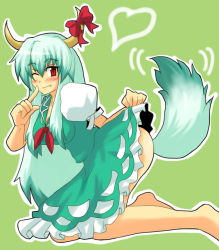 Rule 34 | 1girl, barefoot, blush, clothes lift, come hither, dress, dress lift, ex-keine, fang, female focus, green hair, harukatron, horns, kamishirasawa keine, no panties, one eye closed, red eyes, solo, tail, tail wagging, touhou, wink